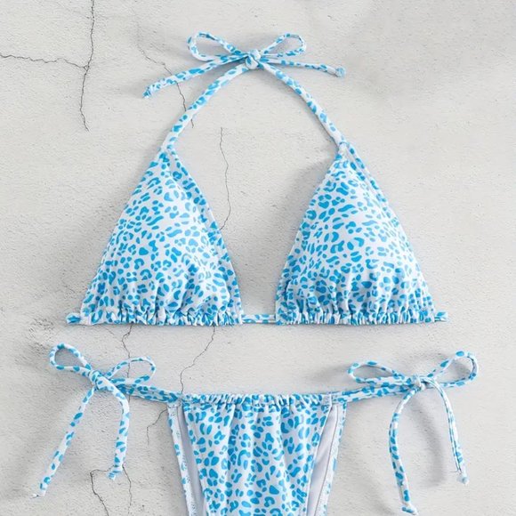 2 Piece Swimsuit, Halter Tide Side Triangle Bikini, Spaghetti Strap - Blue - Picture 5 of 6